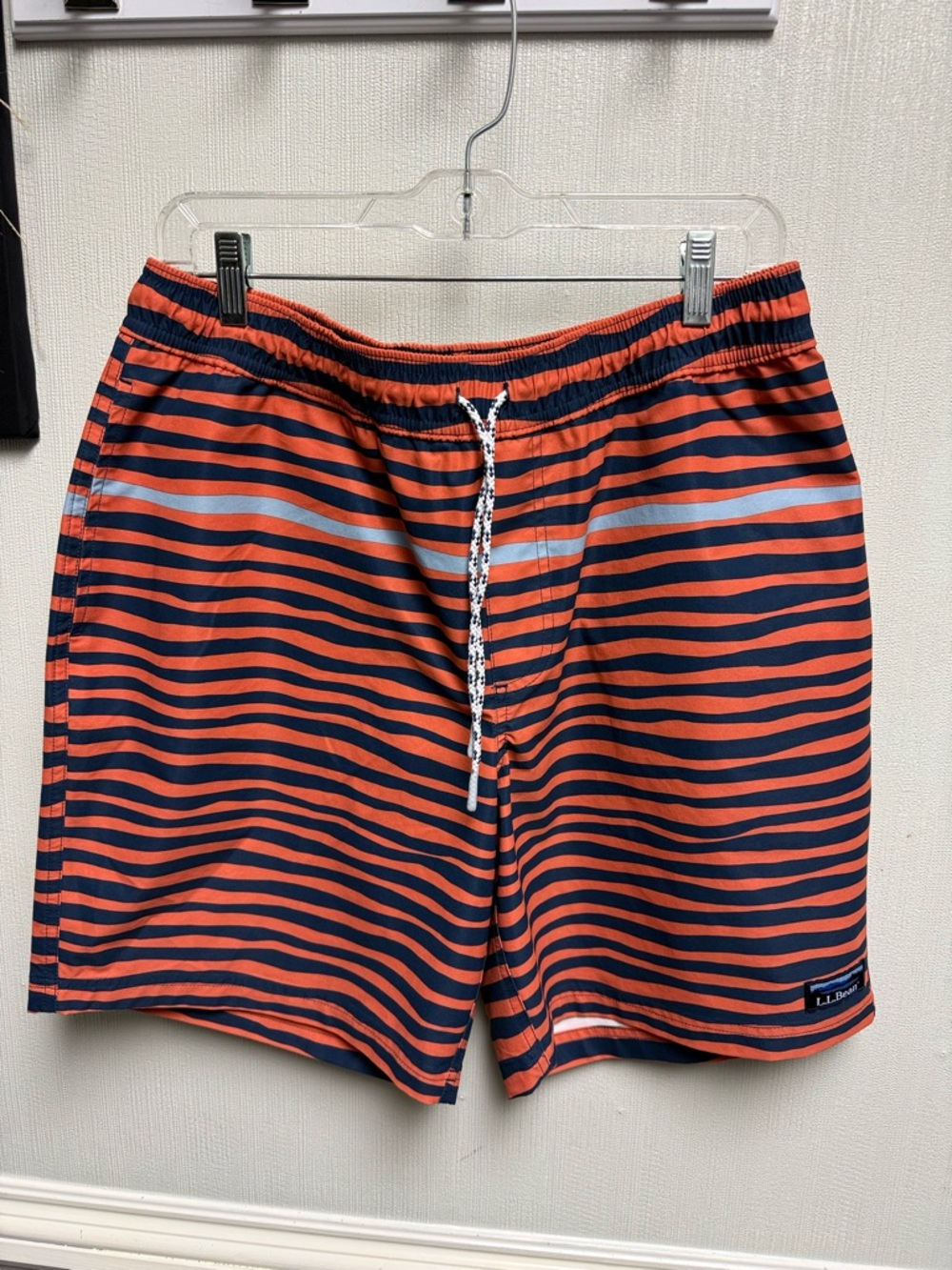 Men's LLBean Orange & Navy Stripe Swim Trunk with Drawstring